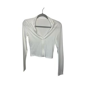 White Commense Cropped Zip Up Long‎ Sleeve Athleisure Top